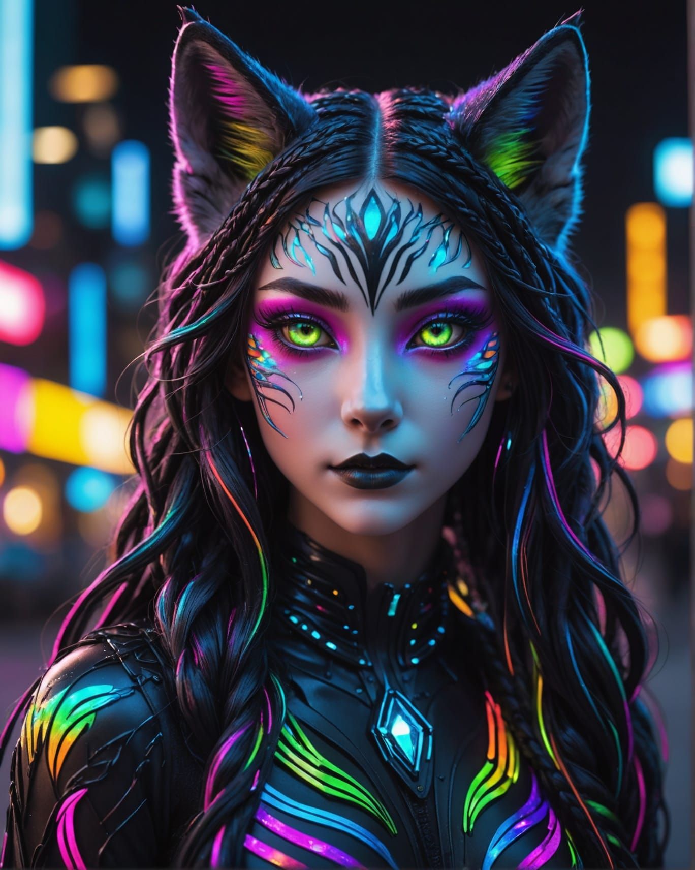 Neon Wolf-Cat Girl with Crystalline Skin