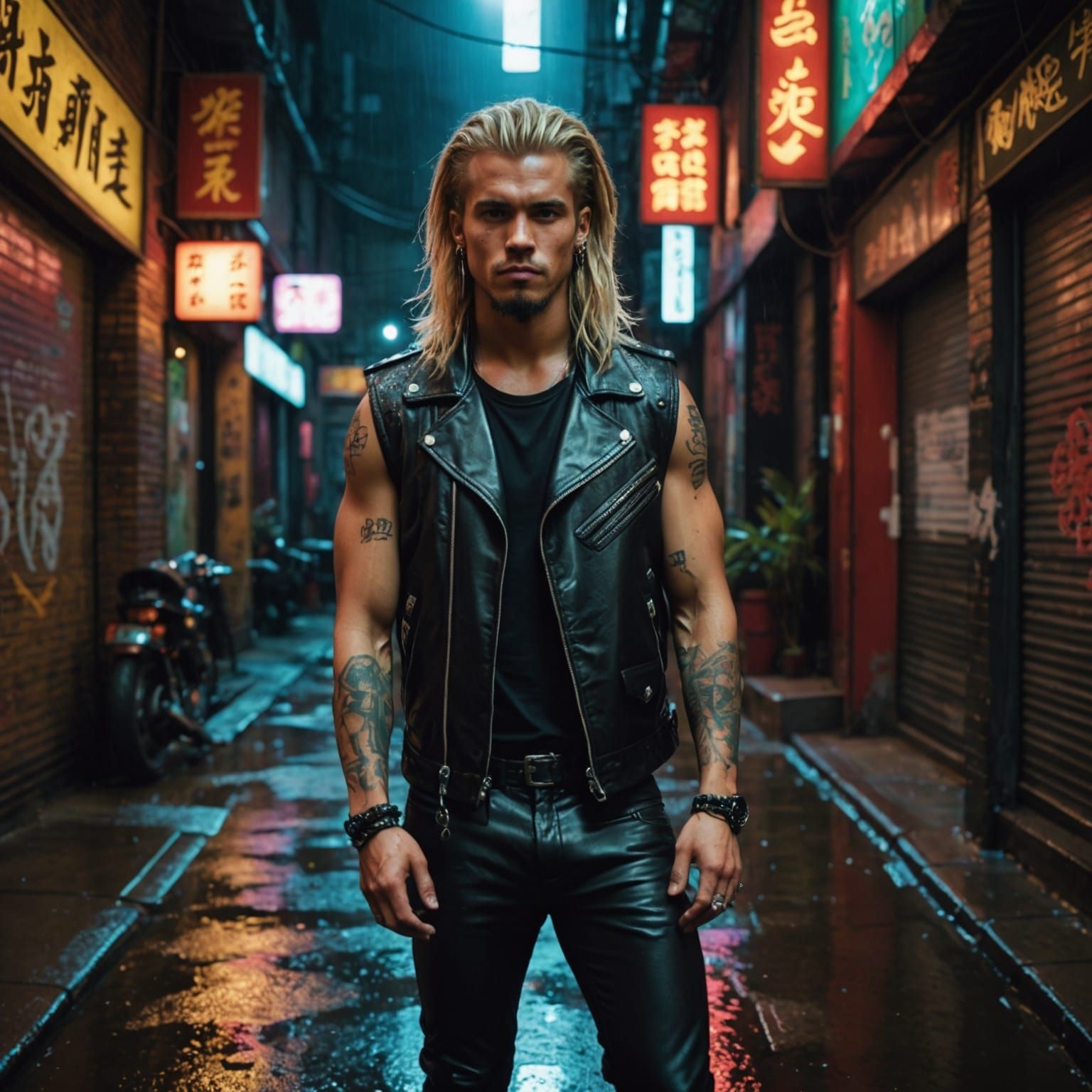 Punk in Rainy Alleyway with Neon Signs