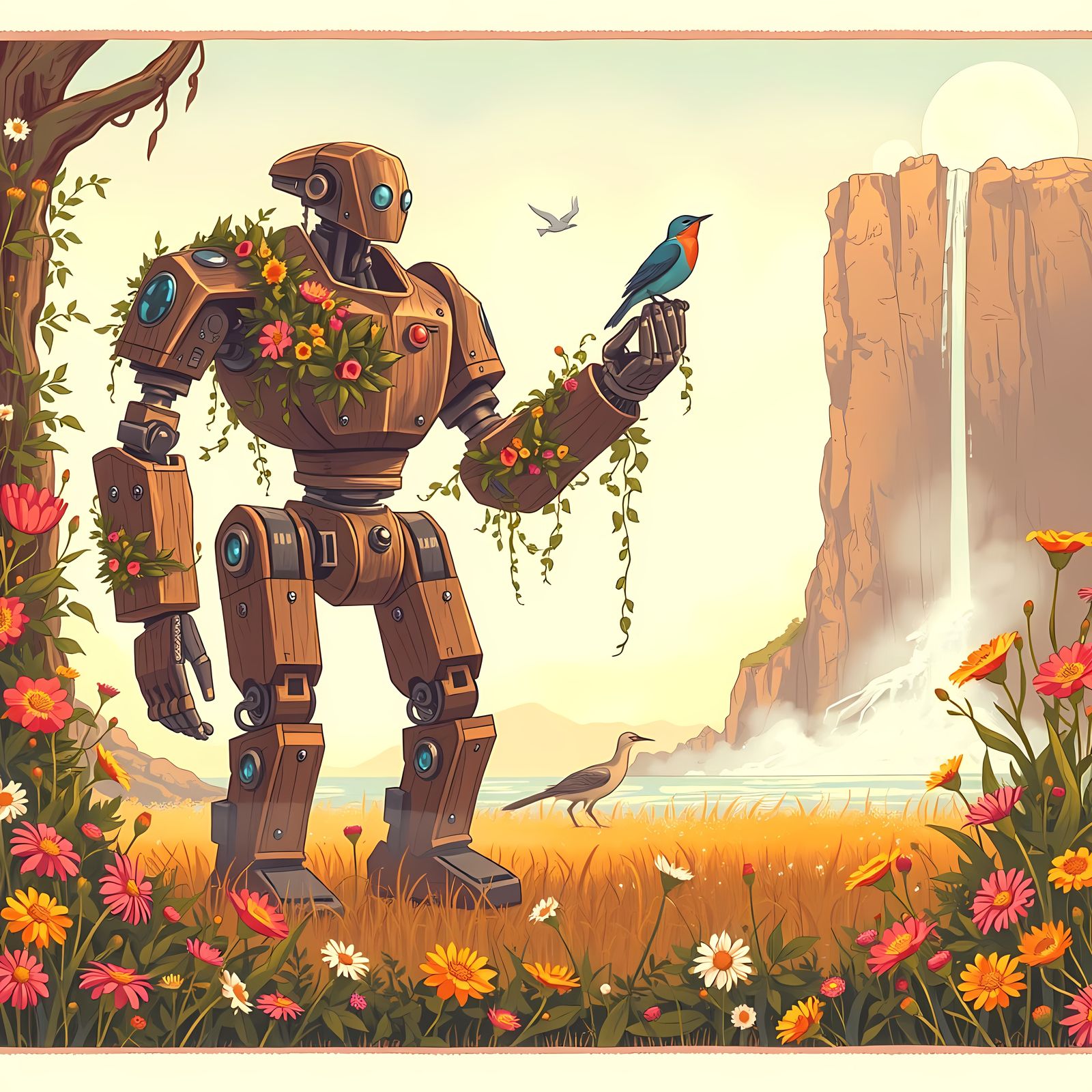 Weathered Wooden Robot in Steampunk Wonderland