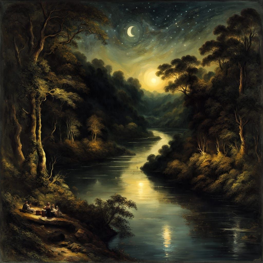 Starry River Through Forest as Impressionist Painting