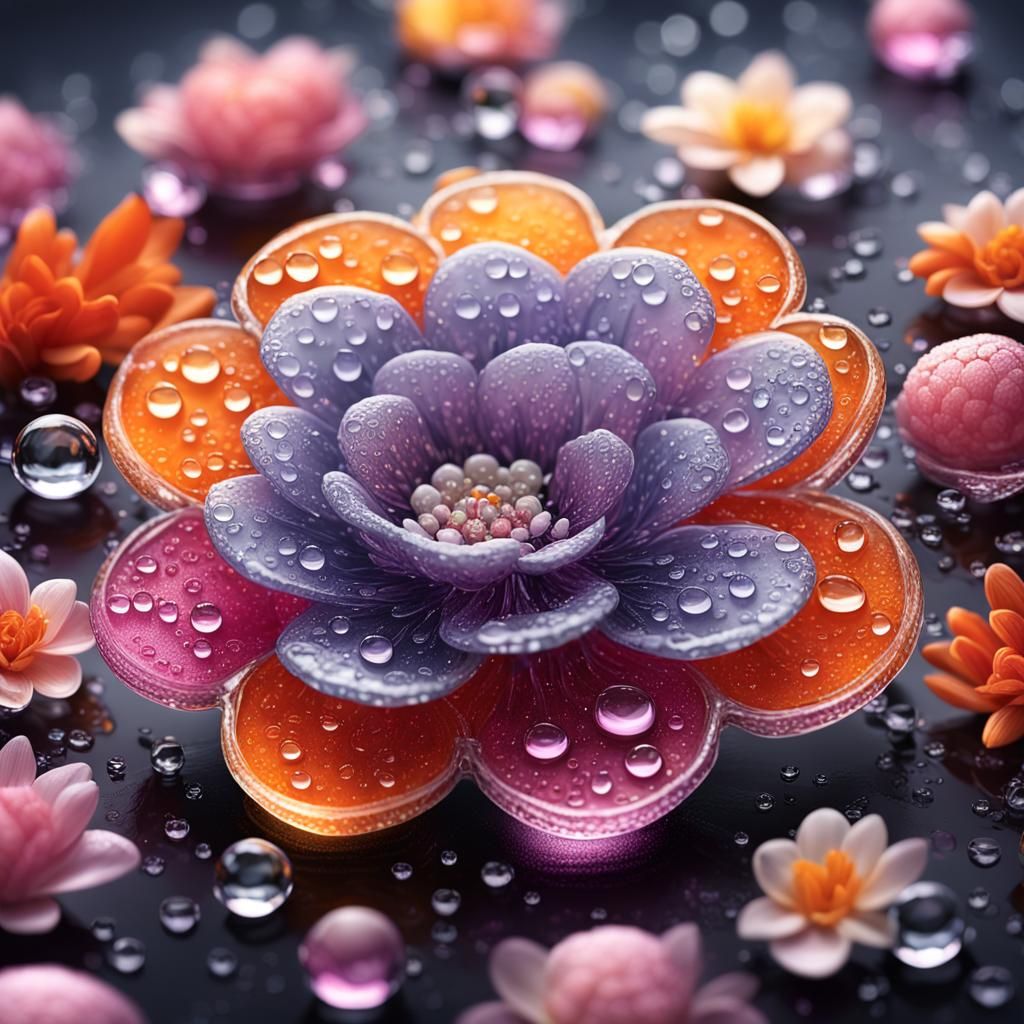 Glass Spring Flower with Dew Drops in 8K