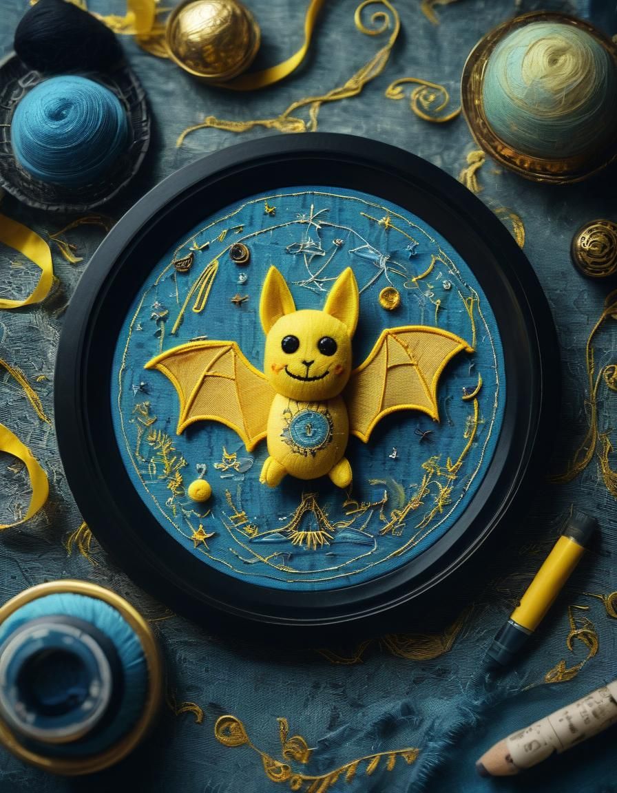Handmade Toy Bat Embroidery in Sunny Futurism Style