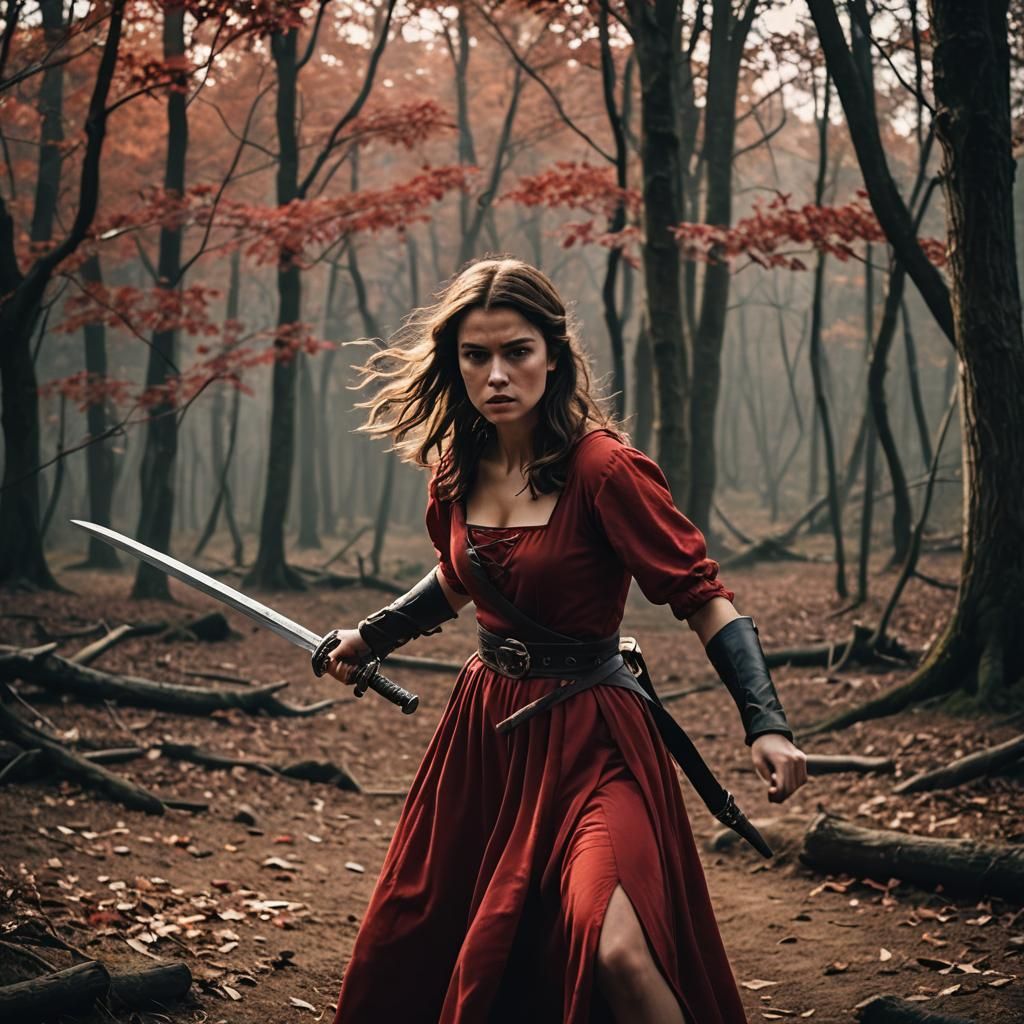 Teen Girl Sword Fight: Cinematic Film Still