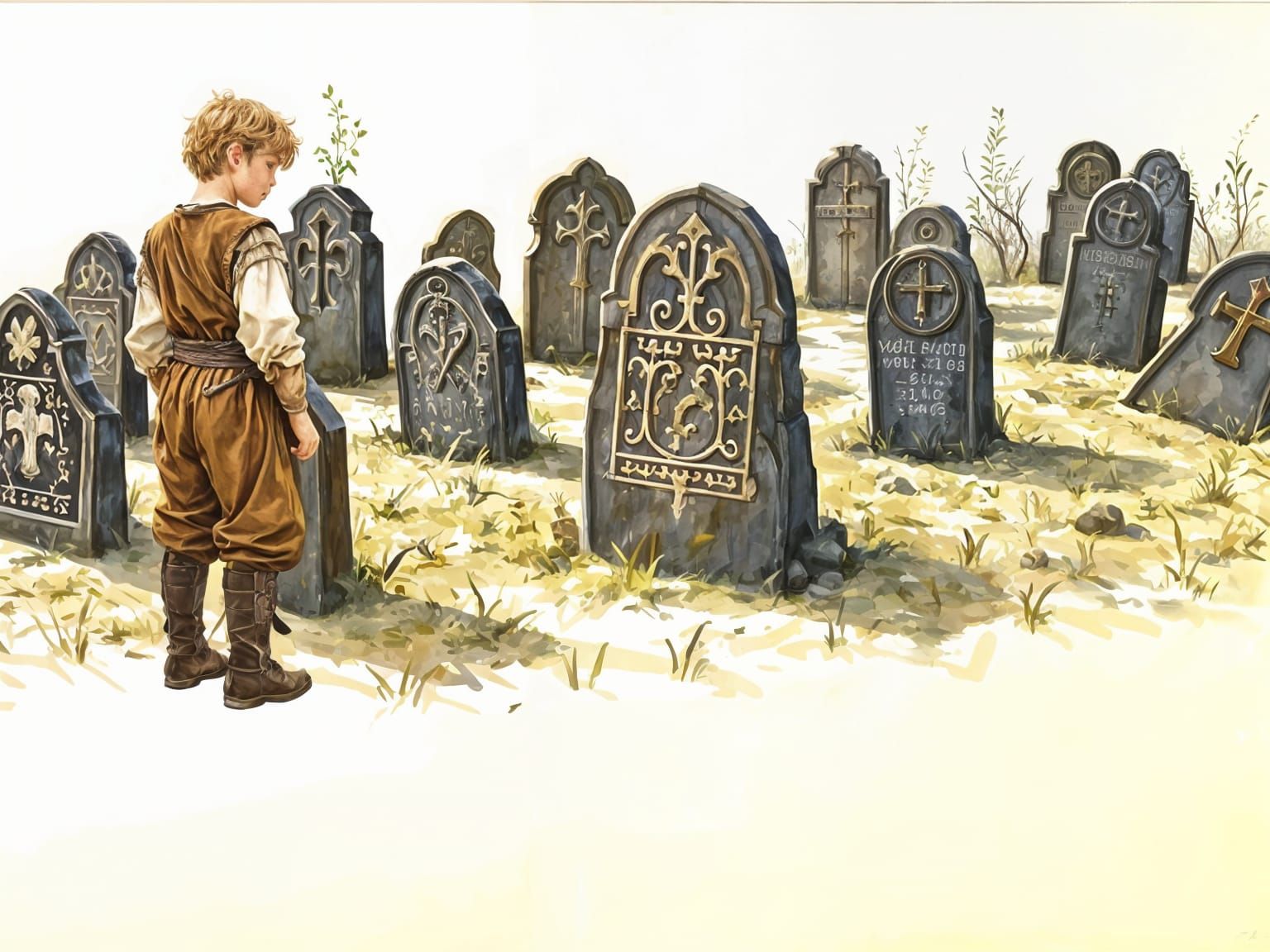 Golden-Haired Youth Amidst Tombstones in Epic Gouache Master...