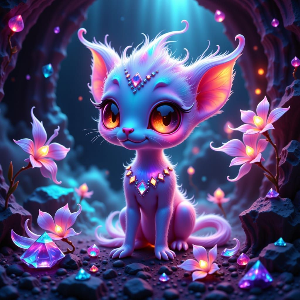 Iridescent Creature in Bioluminescent Crystal Cave