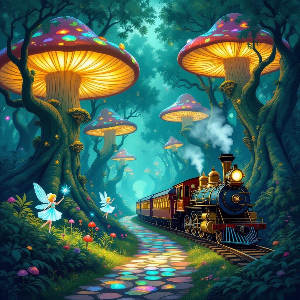 Enchanting Forest of Giant Mushrooms and Clockwork Train