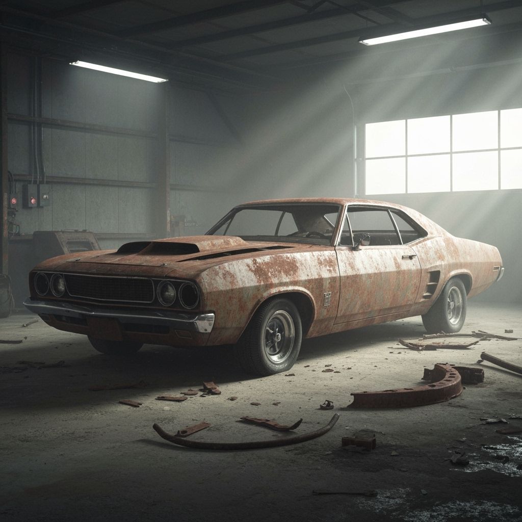 Abandoned Muscle Car Rusting in Dim Garage