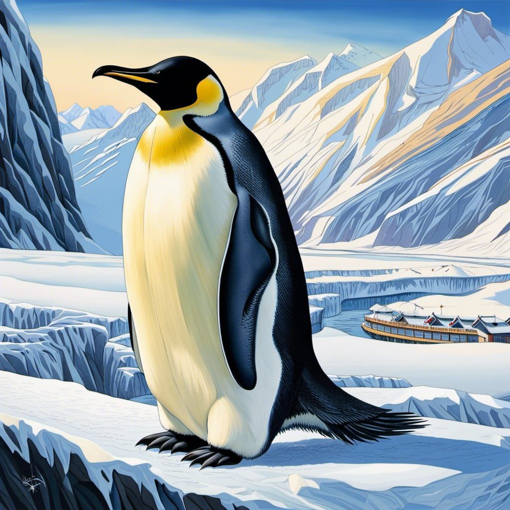 Emperor Penguin in Anime Style on Snowy Mountain