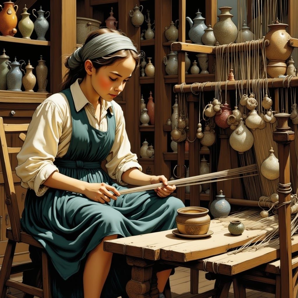 The Weaver at the Loom in a Dreamlike Medieval Scene