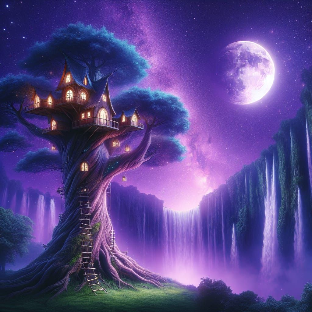 Whimsical Treehouse in Magical Purple and Blue Realm