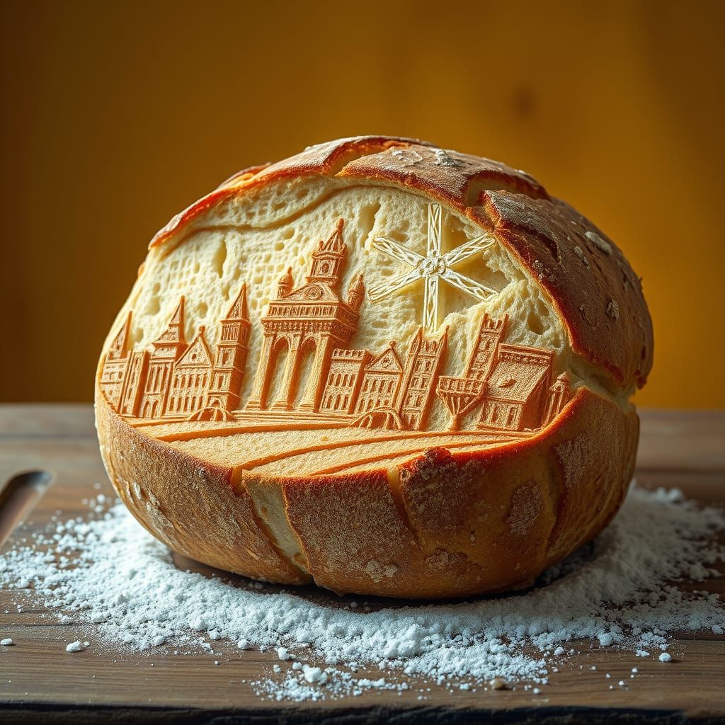 Rustic Loaf with Intricate Cityscape