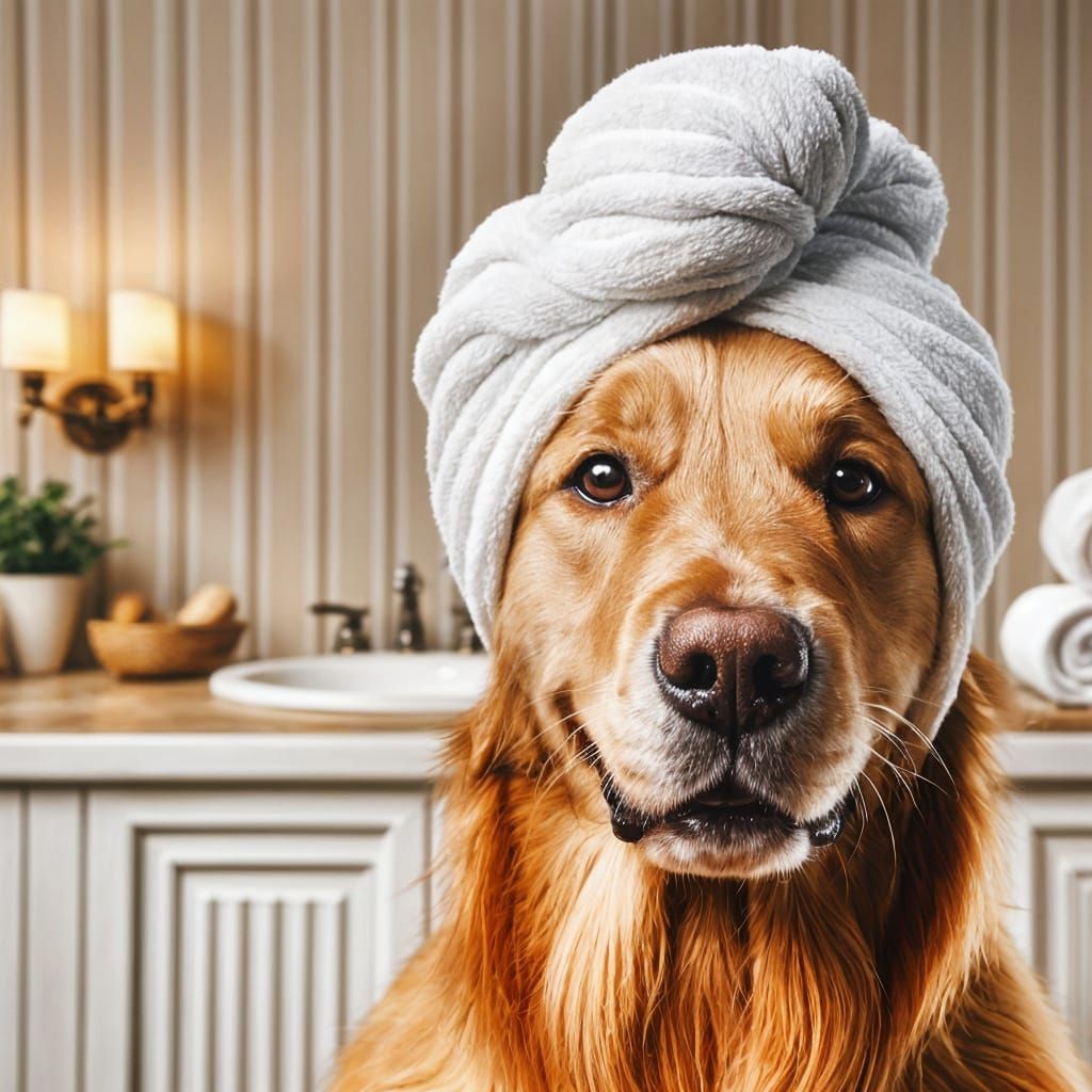 Golden Retriever Wears a Turban in a Cozy Bathroom