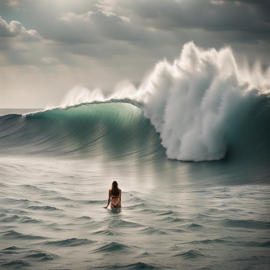 Woman Swimming as Colossal Wave Breaks