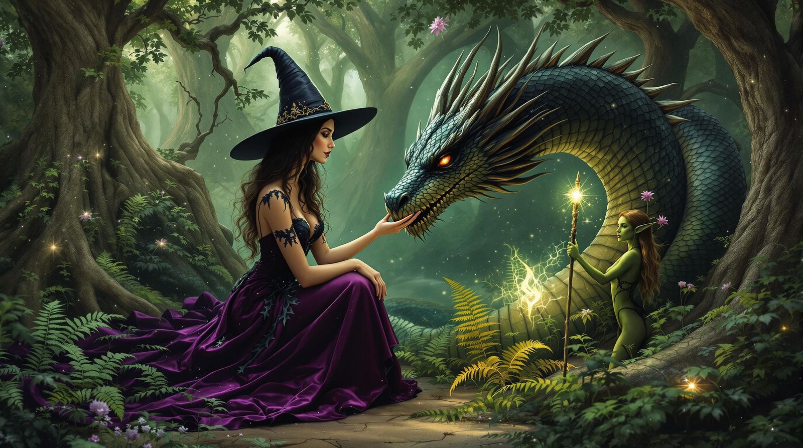 Ethereal Witch Enchants Majestic Dragon amidst Enchanted For...