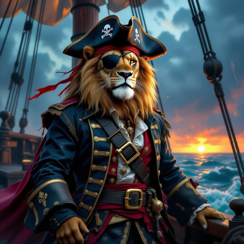 Lion Pirate on Stormy Seas in Dark Fantasy Style