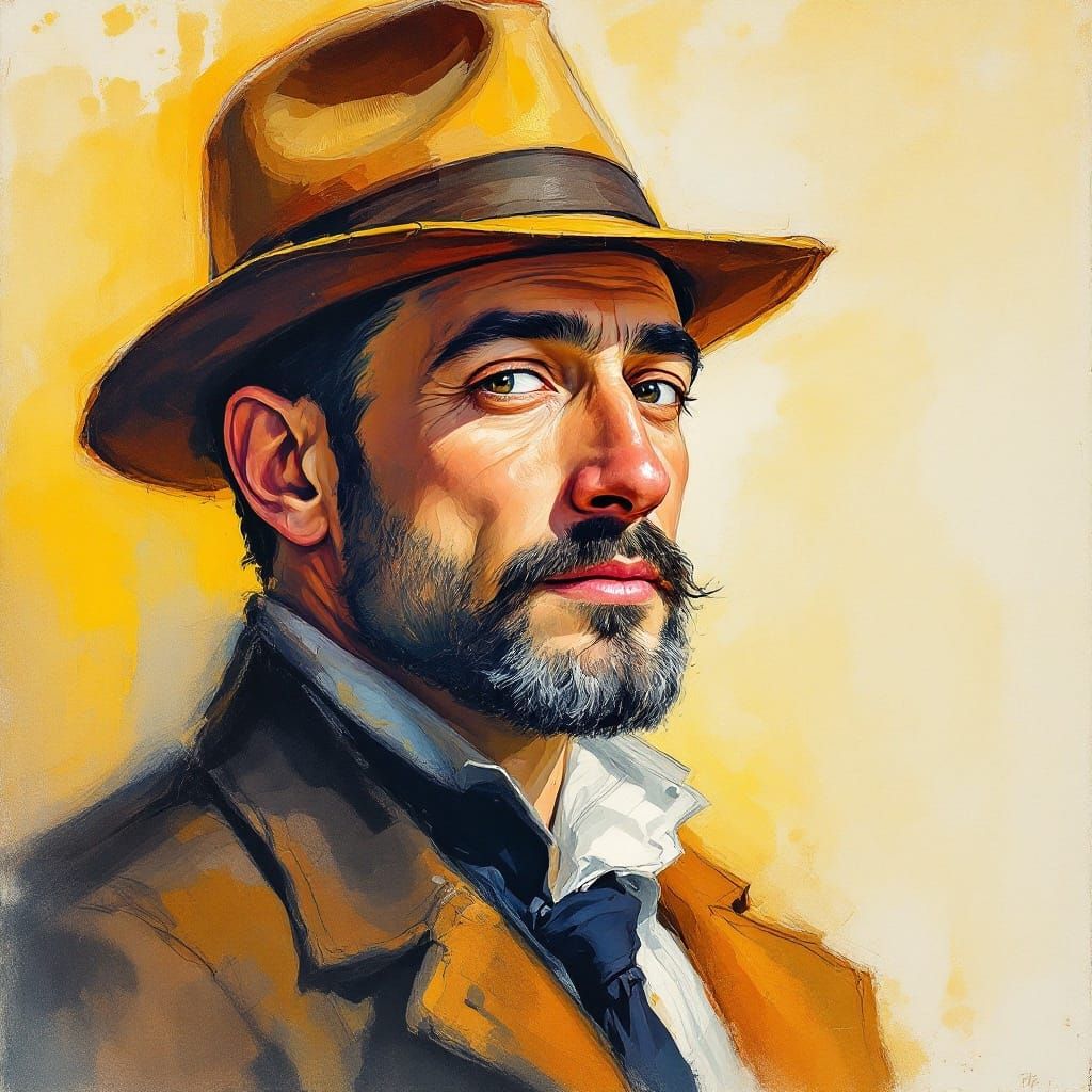 Man with Hat: Watercolor Portrait in Golden Light