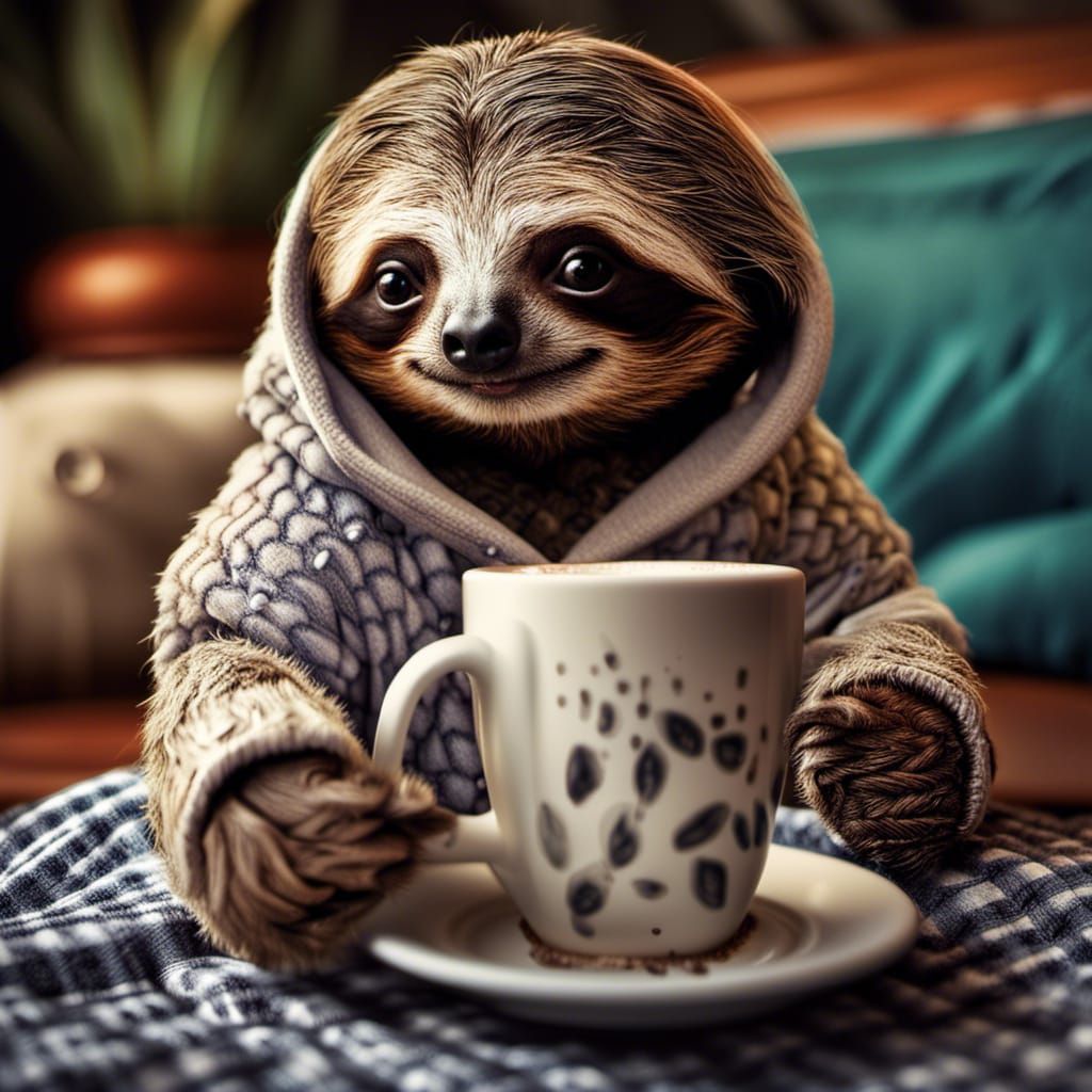 Hyperrealistic Baby Sloth Enjoying Coffee in Pajamas