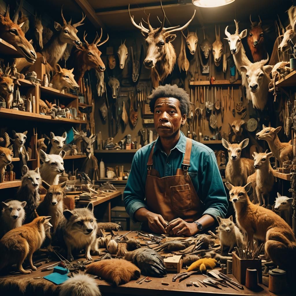 Taxidermist in Workshop, Expressionist Concept Art