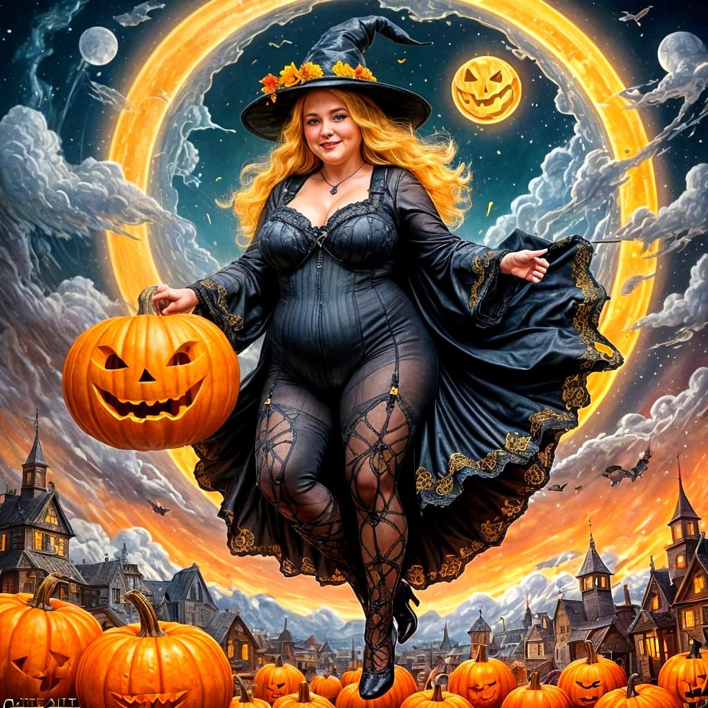 Smiling Witch Flies Pumpkin in Transparent Catsuit