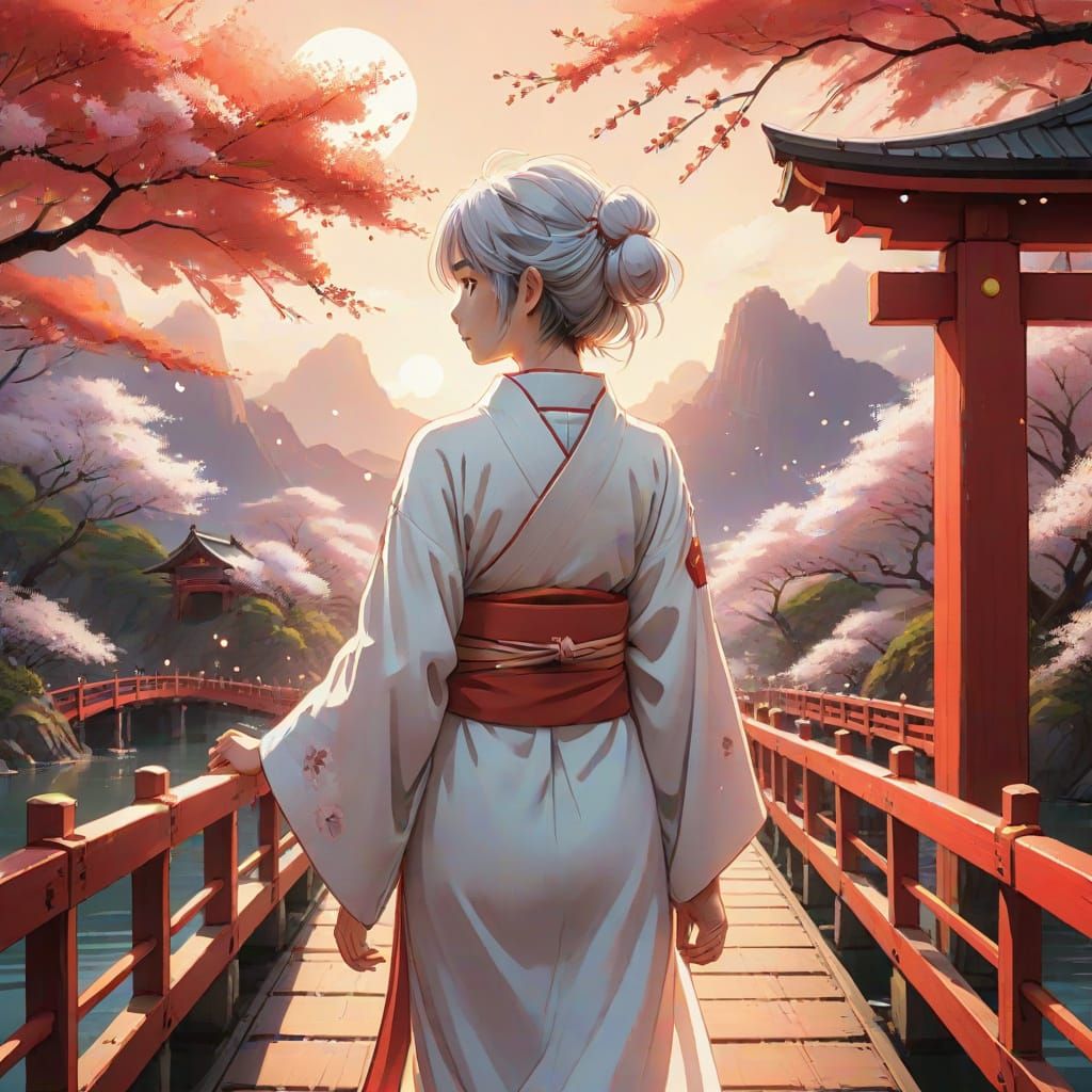 Anime Girl on Bridge in Ghibli Style