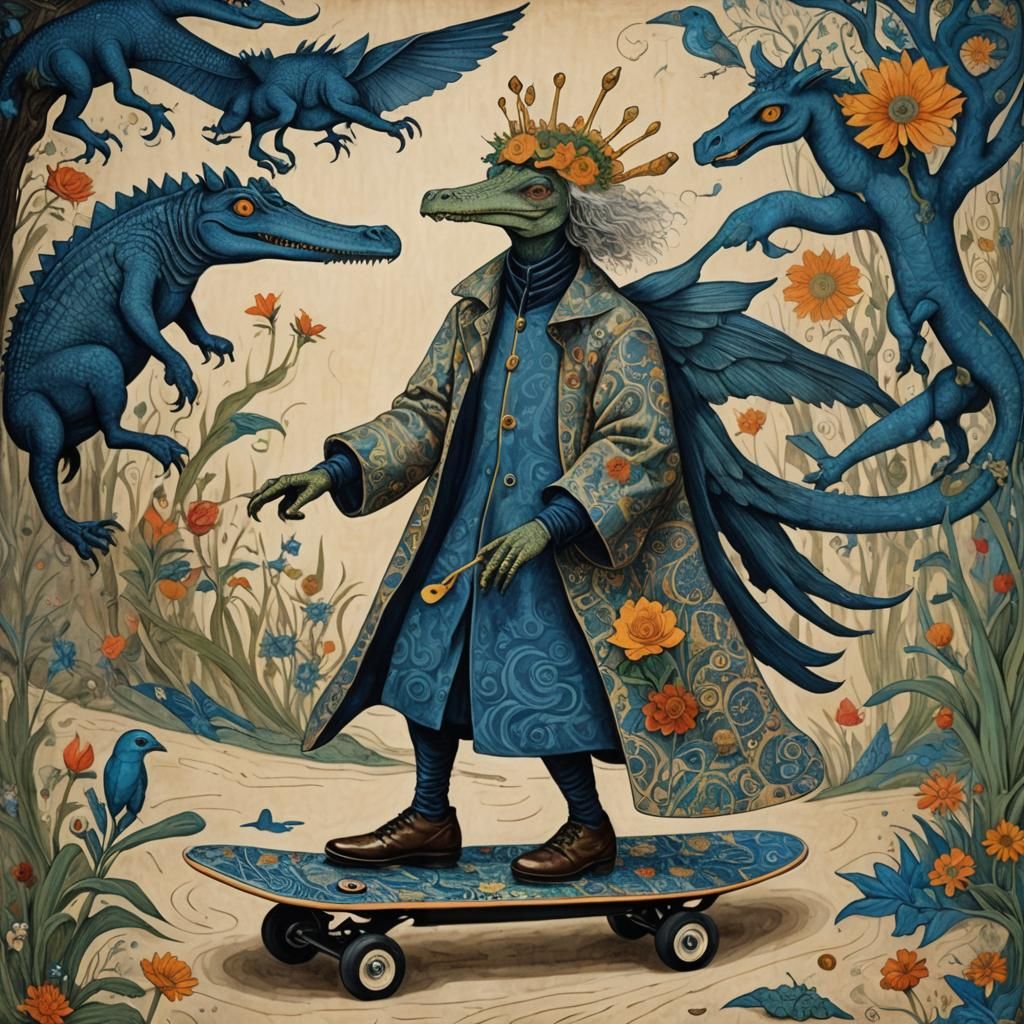 Surreal Alligator in Forest, Etching and Lithography Style