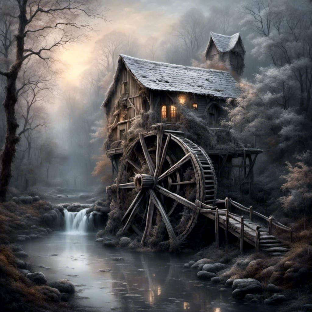 Eerie Old Mill at Dusk in Da Vinci, Matisse Style