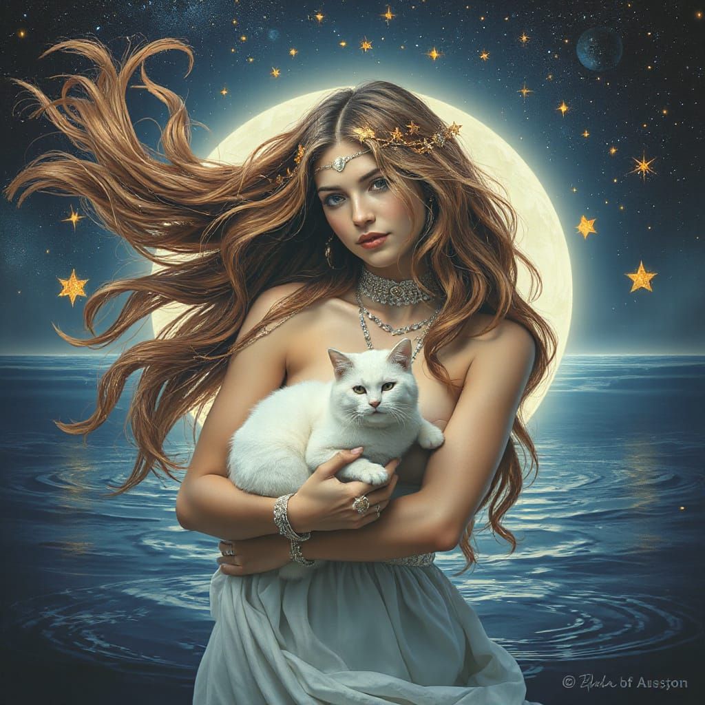 Cosmic Goddess with Cat on Moonlit Shore