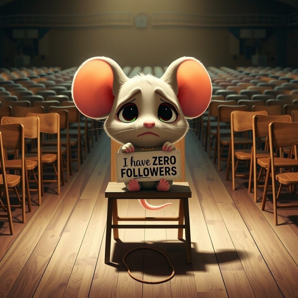 Sad Baby Mouse in a Sea of Empty Chairs