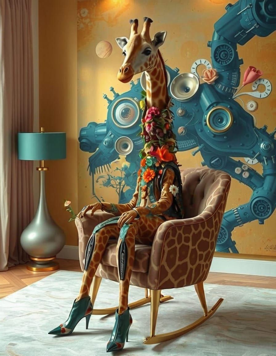 Floral Giraffe in Rocking Chair, Modern Surreal Interior