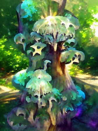 Mushroom Tree in Mossy Forest: Impasto Illustration