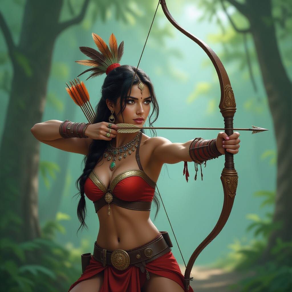 Native American Archer in Hyperrealistic Forest