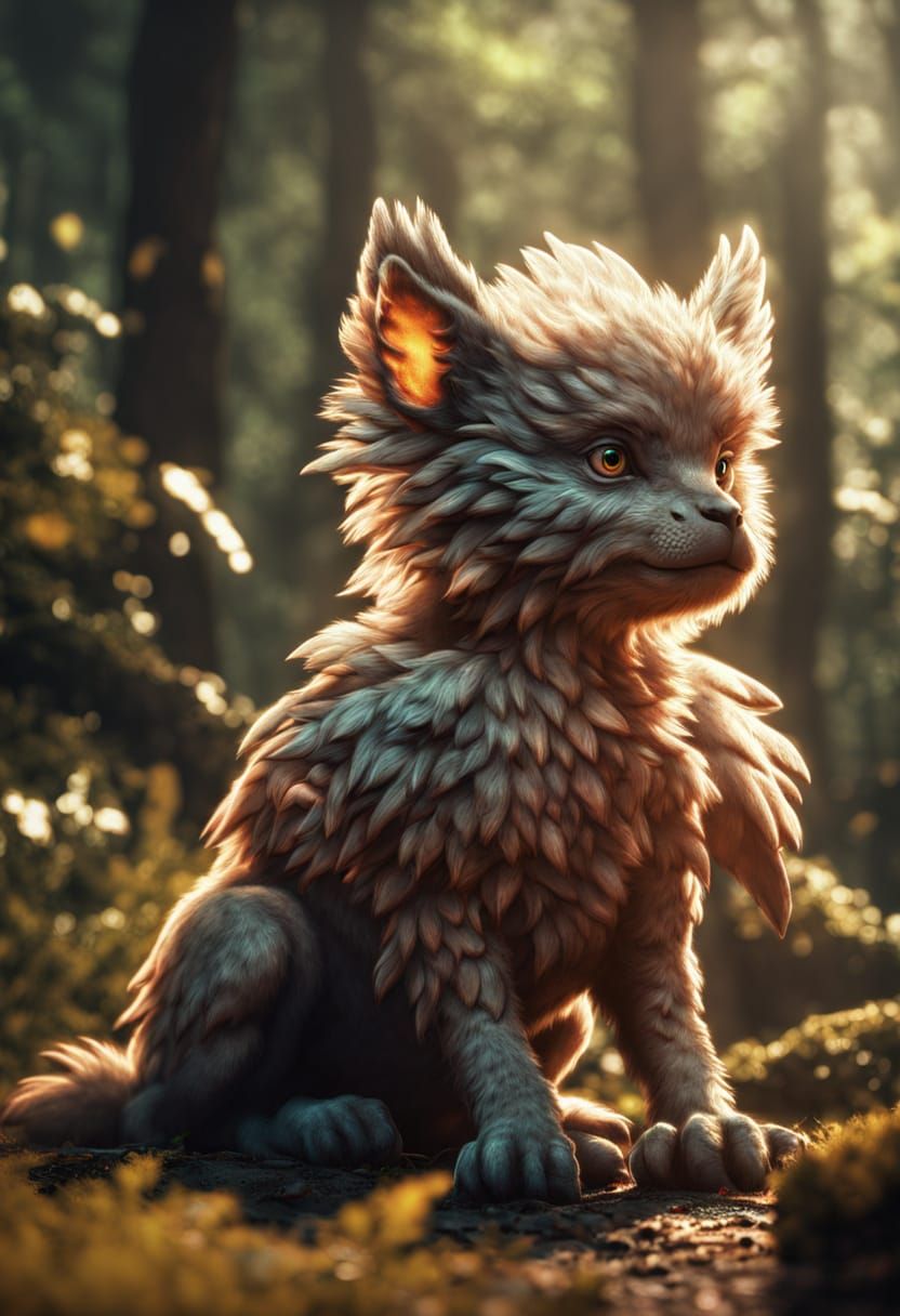 Fluffy Baby Griffin in a Cyberpunk Forest