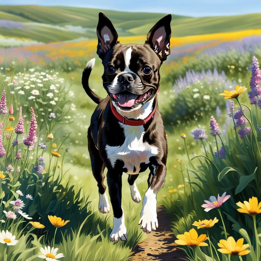 Brindle Boston Terrier Mix in Wildflower Field