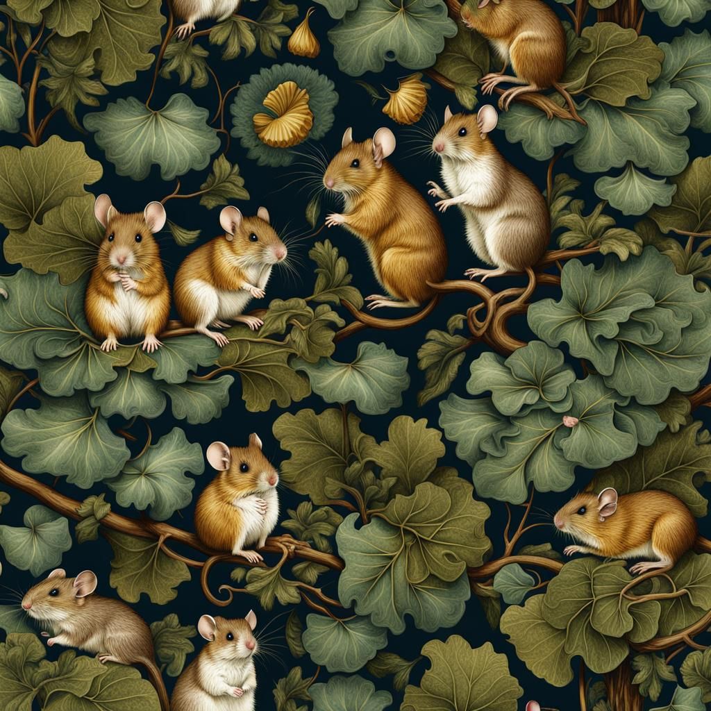 William Morris Style Mice in Ginkgo Leaf Pattern