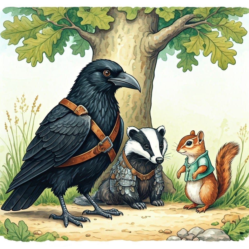 Crow Chatting with Chipmunk in Watercolor Style