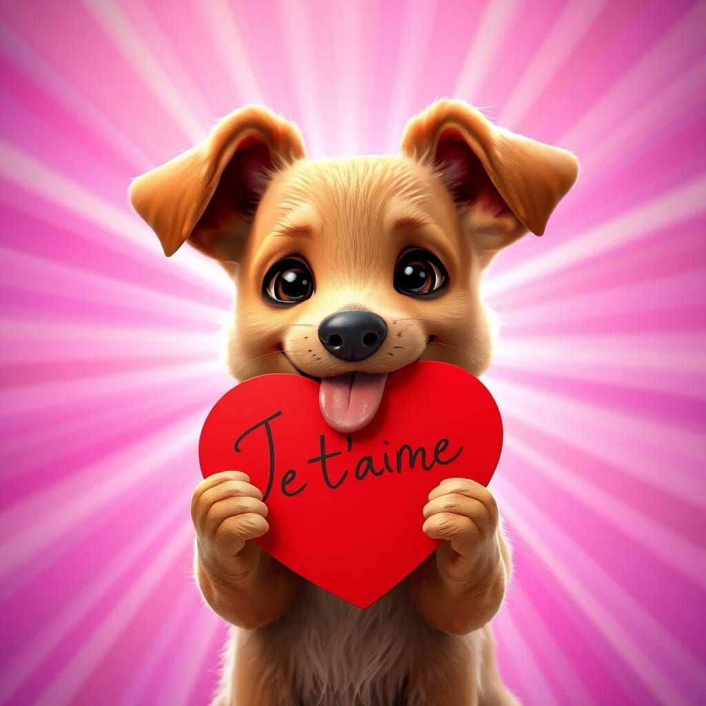 Golden Retriever Holds Red Heart-Shaped Card in Mouth