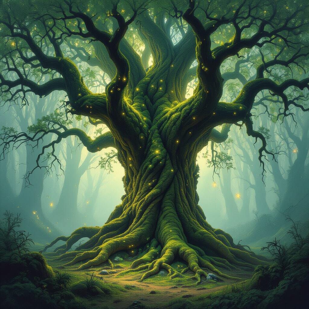 Ancient Tree in Misty Forest Clearing with Glowing Sprites