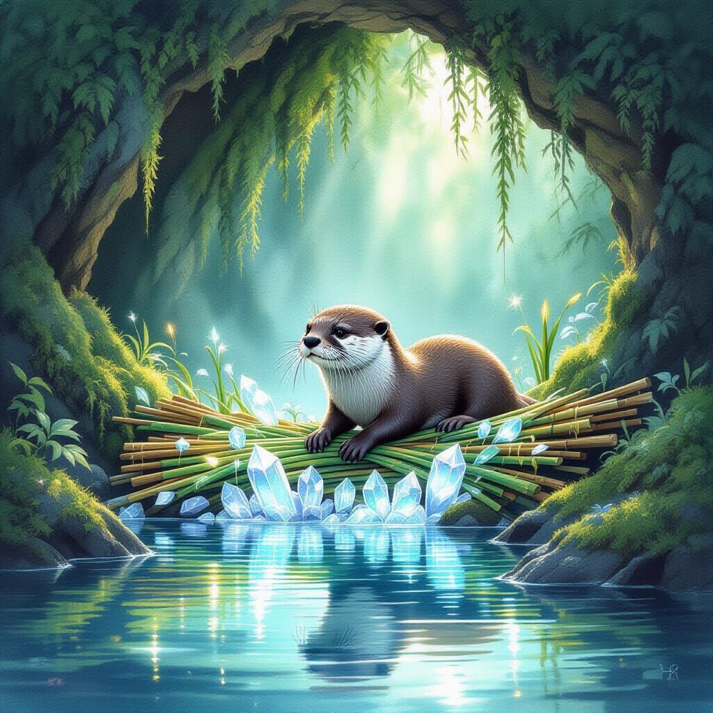 Otter Builds Glowing Dam in Magical Grotto