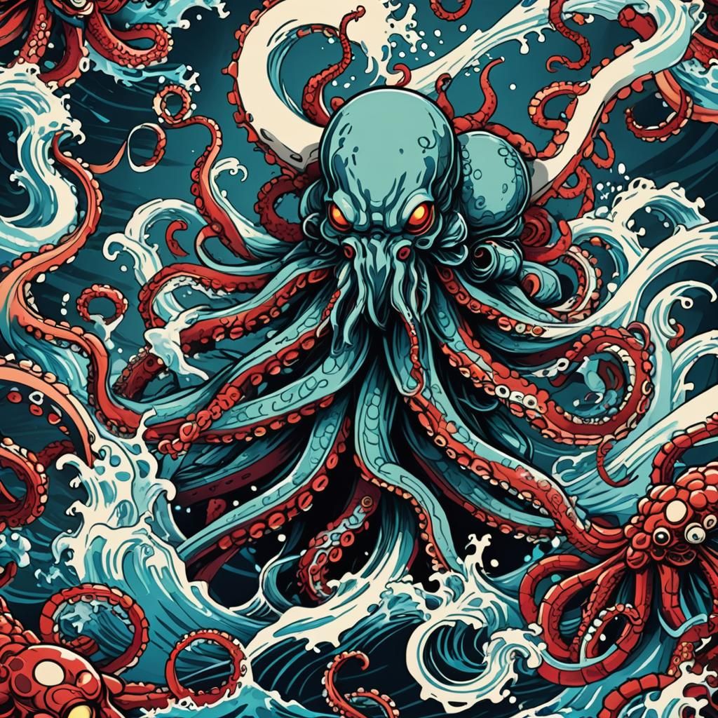 Samurai Octopus with Glowing Katanas: Bold Vector Art