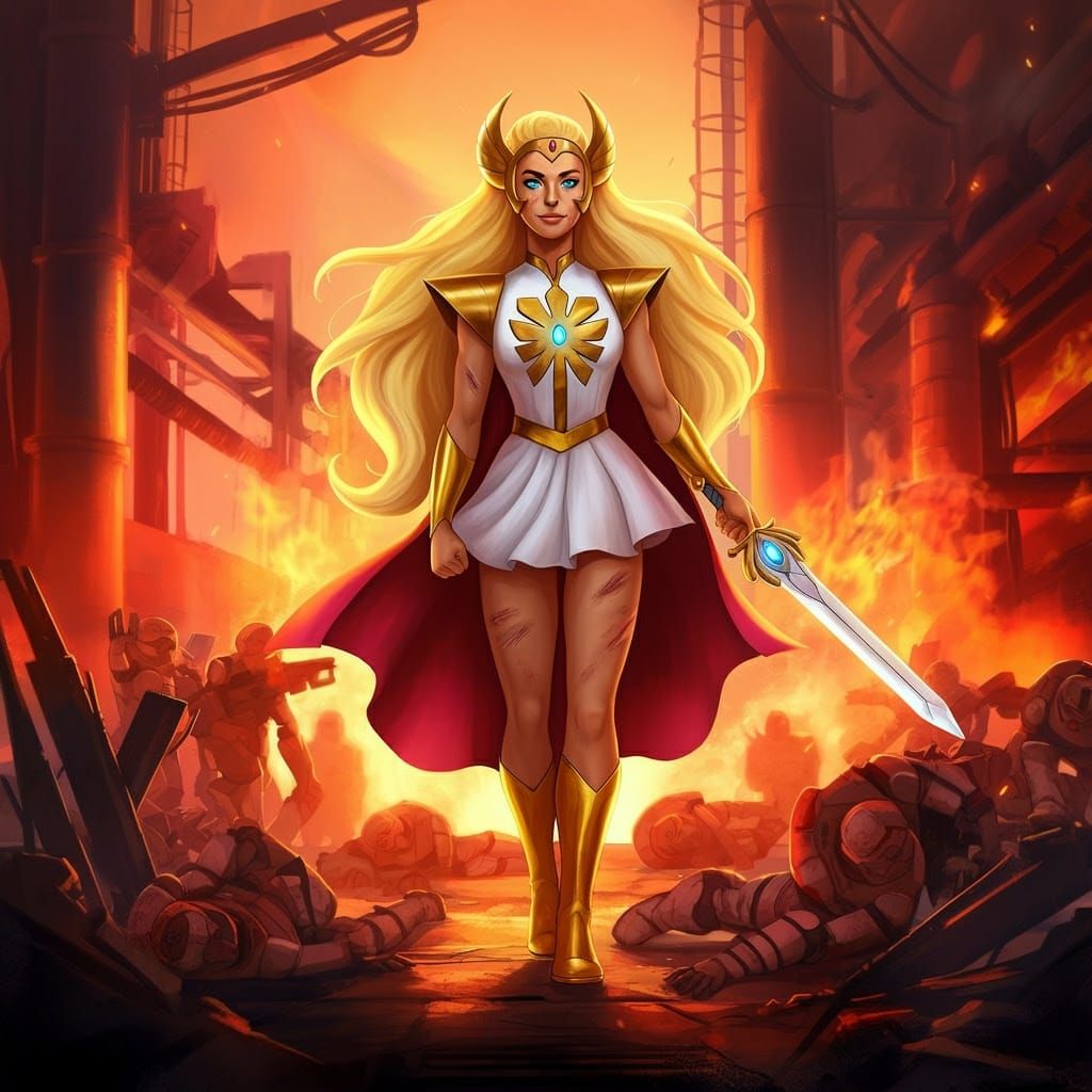 Regal Warrior Emerges from Ruins, Sword in Hand