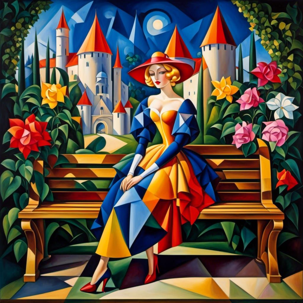 Princess in Surreal Cubist Flower Garden