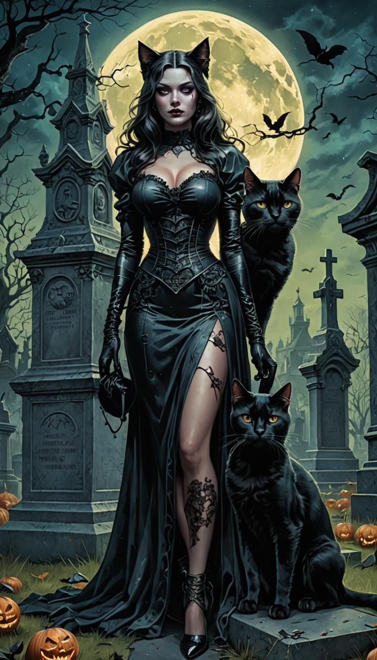 Sinister Pinup Woman with Cat in Cemetery