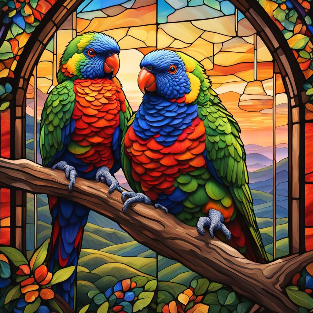 Rainbow Lorikeets Through Stained Glass: Gouache Painting