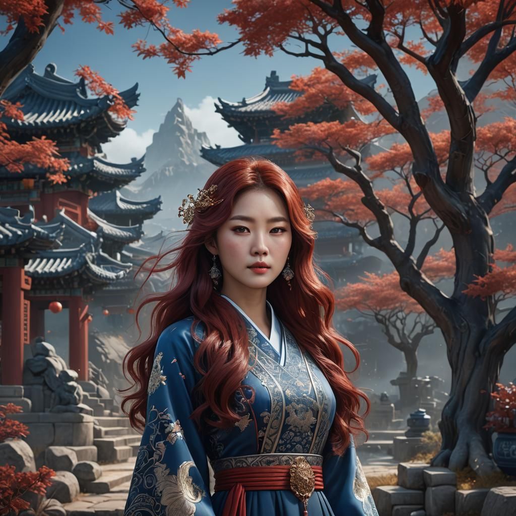 Korean Woman with Red Hair in Fantasy Art Style
