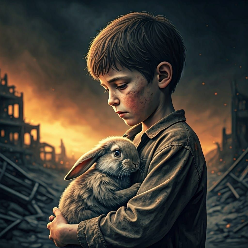 Boy Comforts Rabbit in Ruins: Hyperrealistic Art