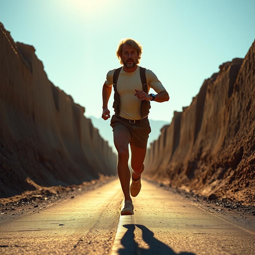 Runner in Arid Trench, Retro-Futuristic Style