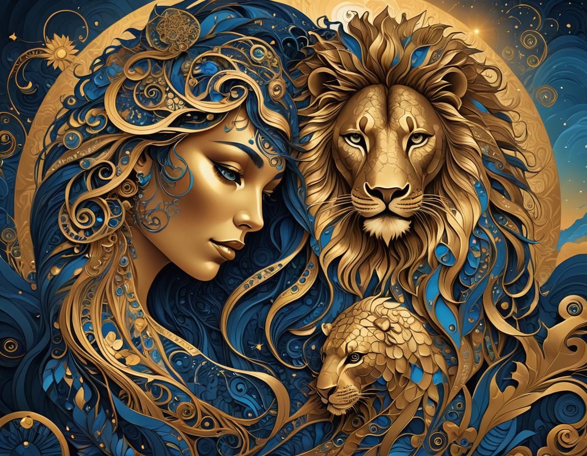 Woman and Lion in Gold and Blue Art Brut Style