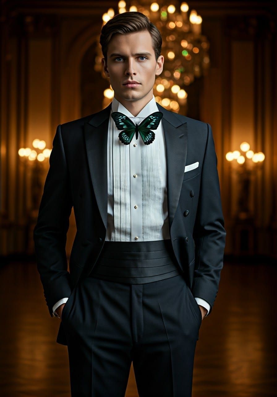 Elegant Man in Tuxedo with Black Butterfly