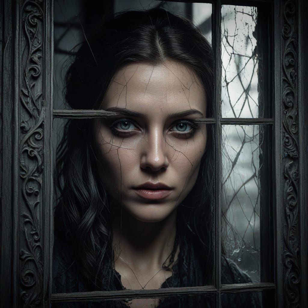 Sinister Woman in Window Frame with Cracked Glass