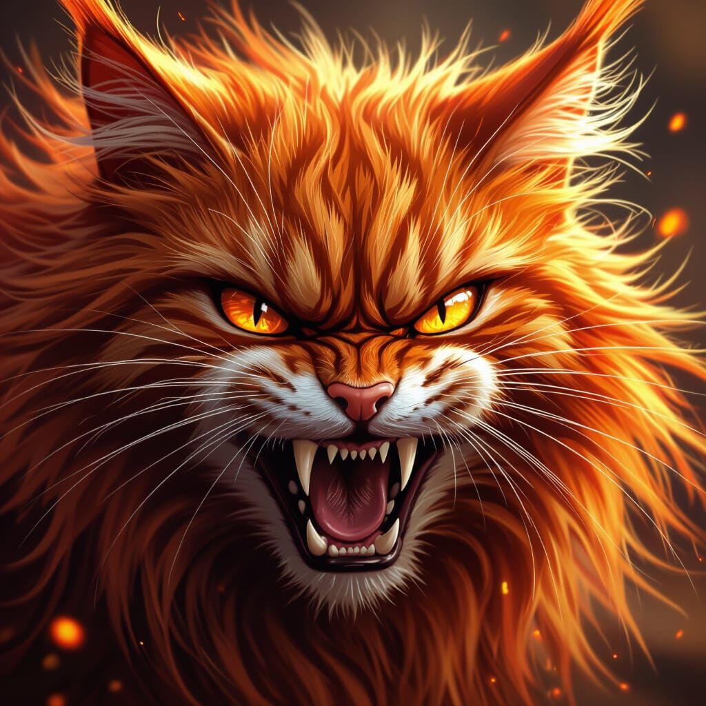 Fierce Red Saber-Tooth Cat Portrait in Cartoon Style